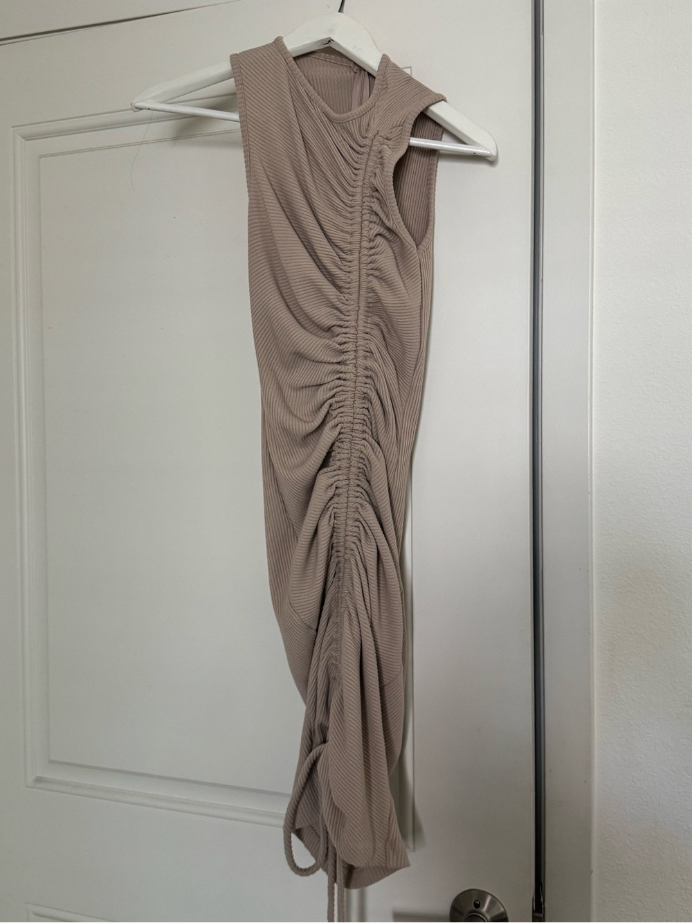 JLUXLABEL Ruched Sleeveless Bodycon Dress in Taupe